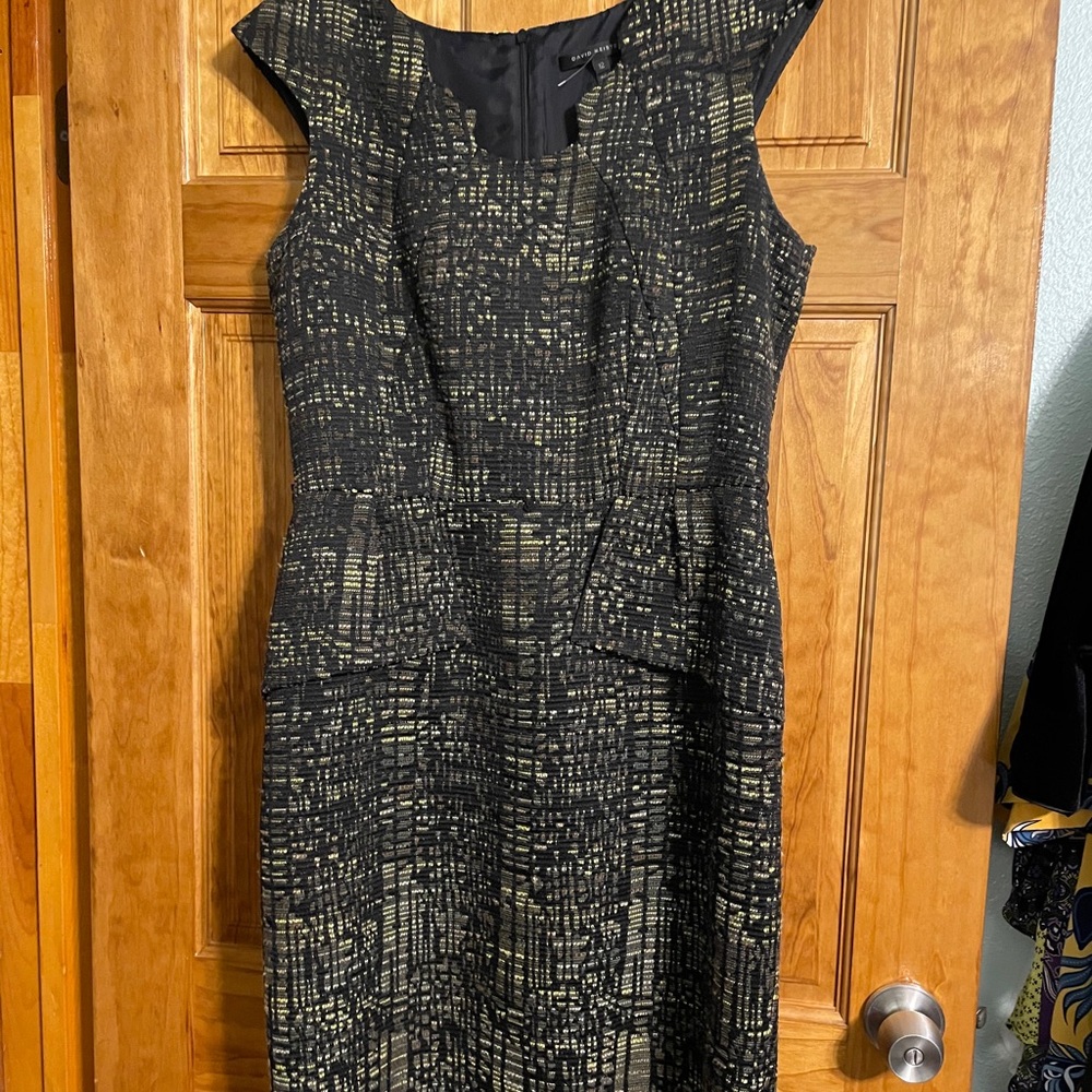 David Meister fitted dress black, browns, beige made in the USA (OLCC)